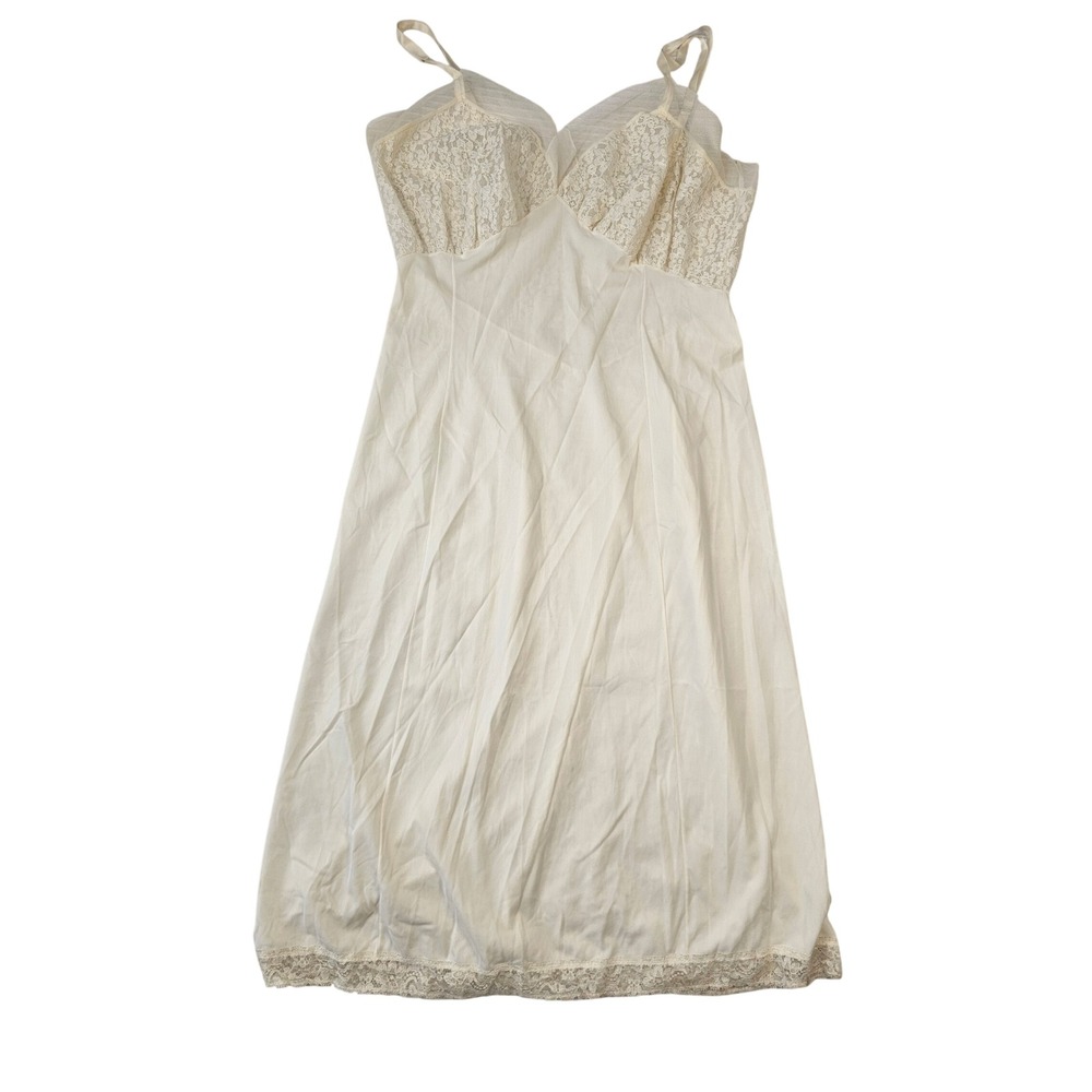 Vintage Van Raalte Opaquelon Full Slip Lace Trim White Lingerie Dress Mid-Length